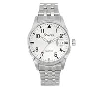 Ravel Plus - Reloj Calendario Redondo de 40 mm para Hombre con Cristal Revestido de Safiro y Esfera con Efecto Rayos de Sol - 3ATM - Cuarzo Analógico - RPD-004MB - Acero Inoxx/Esfera Plateada