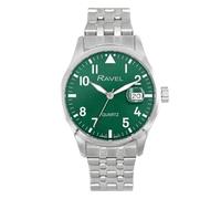 Ravel Plus - Reloj Calendario Redondo de 40 mm para Hombre con Cristal Revestido de Safiro y Esfera con Efecto Rayos de Sol - 3ATM - Cuarzo Analógico Japonés - RPD-002MB - Acero Inoxx/Esfera Verde