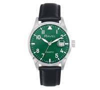 Ravel Plus - Reloj Calendario Redondo de 40 mm para Hombre con Cristal Revestido de Safiro y Esfera con Efecto Rayos de Sol - 3ATM - Cuarzo Analógico Japonés - RPD-002M - Negro/Esfera Verde