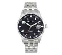 Ravel Plus - Reloj Calendario Redondo de 40 mm para Hombre con Cristal Revestido de Safiro y Esfera con Efecto Rayos de Sol - 3ATM - Cuarzo Analógico Japonés - RPD-003MB - Acero Inoxx/Esfera Negra