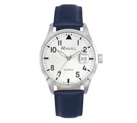 Ravel Plus - Reloj Calendario Redondo de 40 mm para Hombre con Cristal Revestido de Safiro y Esfera con Efecto Rayos de Sol - 3ATM - Cuarzo Analógico Japonés - RPD-004M - Azul/Esfera Plateada