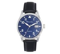 Ravel Plus - Reloj Calendario Redondo de 40 mm para Hombre con Cristal Revestido de Safiro y Esfera con Efecto Rayos de Sol - 3ATM - Cuarzo Analógico Japonés - RPD-001M - Negro/Esfera Azul