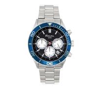 Ravel Plus - Reloj Cronógrafo Deportivo de 42 mm en Tono Plateado para Hombre con Bisel Giratorio Unidireccional - 5ATM - Cuarzo Analógico Japonés - RP.CHR-007MB - Acero Inoxidable/Bisel Azul