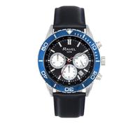 Ravel Plus - Reloj Cronógrafo Deportivo de 42 mm en Tono Plateado para Hombre con Bisel Giratorio Unidireccional - 5ATM - Cuarzo Analógico Japonés - RP.CHR-007M - Negro/Bisel Azul