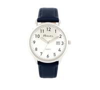 Ravel - Reloj de pulsera para hombre con calendario, correa de piel sintética, cuarzo analógico japonés, R0708, Esfera azul y plateada