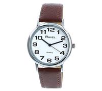 Ravel - Reloj Unisex de Correa de fácil Lectura con números Grandes - Marrón/Tono Plateado/Esfera Blanca