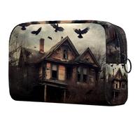 Raven Flying Over Abandoned Cabin - Bolsa de cosméticos para mujer, neceser de viaje, bolsa organizadora de maquillaje grande con cremallera, multicolor, 18.5x7.5x13cm/7.3x3x5.1in, Neceser