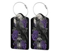 Raven On Lantern - Etiqueta de equipaje de piel con diseño de rosas moradas para maleta, paquete de 2 etiquetas de equipaje con solapa de privacidad, etiqueta de identificación de nombre y lazo de