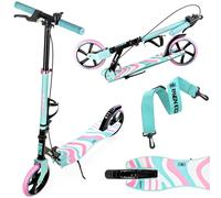 Raven - Patinete para niños y Adultos - Scooter - Patinete - Plegable, Ajustable, Correa de Transporte, Timbre, portabotellas - Zea Mint/Pink con Freno de Mano, Ruedas de 200 mm