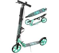Raven - Patinete para niños y Adultos - Scooter - Patinete - Plegable, Ajustable, Correa de Transporte, Timbre, portabotellas - Straight Black/Mint con Freno de Mano, Ruedas de 200 mm