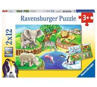 Ravensburger - 07602 Animales en el zoológico | Puzzle de alta calidad, cartón grueso y resistente, juego de 2 puzles, 2 carteles incluidos