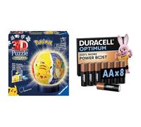 Ravensburger 3D Puzzle Ball Pokémon LED, 72 Piezas, 6+ años, & Duracell Optimum AA 8 Unidades, Power Boost
