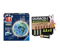 Ravensburger 3D Puzzle Ball Tierra LED, 72 Piezas, 6+ años, & Duracell AA Recargables 8 Unidades, 2500mAh