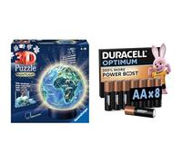 Ravensburger 3D Puzzle Ball Tierra LED, 72 Piezas, 6+ años, & Duracell Optimum AA 8 Unidades, Power Boost
