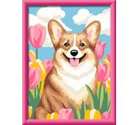 Ravensburger CreArt 12023129 - Corgi in a Sea of Flowers, Cuadro por números para niños a Partir de 9 años, Juego de Pintura con Marco, Pincel, Pinturas acrílicas, Regalo para niños y niñas