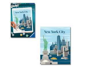 Ravensburger - CreArt Ciudad Nueva York, Kit pintar por números adultos | Kit con lámina 24x30 cm, colores, pincel y marco incluidos; incluye todo lo necesario para pintar para adultos.