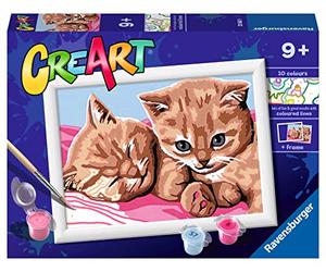 Ravensburger - CreArt Gatitos Amigos, Kit Pintar por números niños +9 años | Kit completo con lámina 14x19 cm, colores, pincel y marco incluidos; incluye todo lo necesario para pintar desde 9 años.