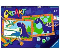 Ravensburger - CreArt Serie Junior: Dinosaurios, Kit para Pintar por Números, Contiene dos Tablas Preimpresas, un Pincel, Colores, Juego Creativo para Niños y Niñas 5+ Años