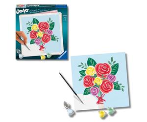 Ravensburger - CreArt Ramo Rosas, Kit pintar por números adultos | Kit con lámina 20x20 cm, colores, pincel y marco incluidos; incluye todo lo necesario para pintar para adultos.