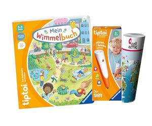 Ravensburger tiptoi - Juego de libro infantil con texto en alemán "Mein Wimmelbuch (Kinderbuch) + 00110 tiptoi Der Stift mit Wimmel-Poster - Juguete educativo para niños a partir de 3 años