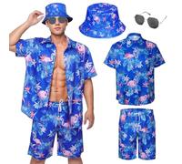 Raveparty Camisa Hawaiana Hombre Camisa de Playa Camisas Causal de Verano para Hombre Pantalones Cortos Conjunto Sombrero Hawaiana para, Manga Corta (Estilo F, XL)