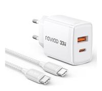 RAVIAD 33W USB C Cargador GaN Fuente de alimentación, 2 puertos [USBC + USBA] PD Cargador rápido con cable USBC 1M, conector USB C para iPhone 16 15 Pro Max, Galaxy S25 S24 S23 Ultra, iPad Pro