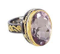 Ravishing Impressions Anillo de amatista en rodio negro y oro amarillo, ovalado, 18 x 13 mm, bisel facetado, anillo multicolor para mujer, L 1/2, Piedra preciosa., Amatista