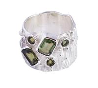 Ravishing Impressions Anillo de bisel de moldavita, piedras preciosas verdes facetadas rectangulares y redondas de 7 x 5 mm, 7 x 4,5 mm, 3 mm, anillo apilable para uso diario y ocasiones especiales