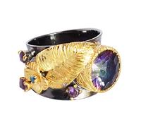 Ravishing Impressions Anillo de cuarzo arcoíris, amatista, apatita, chapado en oro amarillo, rodio negro, juego de bisel redondo facetado multicolor, anillo de joyería de diseño atrevido, M 1/2
