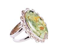 Ravishing Impressions Anillo de jaspe riolita de selva tropical, juego de bisel de rodio blanco, cabujón ovalado de 25 x 15 mm, anillo de piedras preciosas multicolor, joyería de diseño atrevido