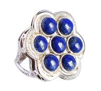 Ravishing Impressions Anillo de lapislázuli con bisel de rodio blanco, cabujón redondo de 7 mm, anillo de piedras preciosas azules, joyería de diseño llamativo, regalo hecho a mano para mujeres, W 1/2