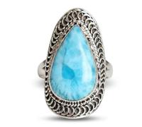 Ravishing Impressions Anillo de larimar en bisel de rodio blanco, juego de pera azul mar, cabujón, piedra preciosa para cóctel de playa para mujer, N 1/2, Piedra preciosa, Larimar