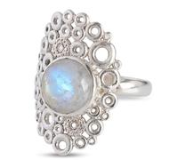 Ravishing Impressions Anillo de piedra lunar en bisel de rodio blanco con cabujón redondo multicolor para mujer, U 1/2, Piedra preciosa, Piedra lunar