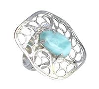 Ravishing Impressions Anillo de plata 925 con larimar de 15 x 9 mm, cabujón azul pera ajustable, hecho a mano, joyería bohemia, regalo para mujer, M 1/2, Piedra preciosa., Larimar