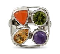 Ravishing Impressions Anillo de plata chapada en rodio blanco, peridoto facetado, amatista, citrino, cornalina, engastado de bisel redondo, corte trillón, multicolor, anillo de cóctel, X 1/2, Piedra
