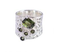 Ravishing Impressions Juego de anillos de moldavita rectangulares y redondas facetadas verdes, 9 x 7 mm, 3 mm, 12,4 g, joyería fina hecha a mano, regalo para mujeres u hombres, R1/2,60(19.10), Piedra