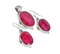 Ravishing Impressions Juego de joyas de piedra natal de julio con rubí corindón para mujer, collar, aretes, joyería de boda para el día de San Valentín, 22x16mm, 16x12mm, Gema Plata de ley, Rubí