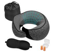 Ravytha Almohada de Viaje Espuma Memoria, Cojin Cuello Viaje Ergonómica, Cojin Cervical con Máscara de Ojos, Tapones y Bolsa, Reposacabezas Avion Ajustable para Oficina, Casa, Coche, Tren(Gris Oscuro)