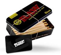 RAW Conos preollados clásicos negros de 1-1/4 empaquetados dentro de un recipiente de metal RAW con tubos de embalaje, paquete de 20