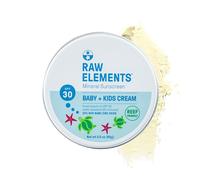 Raw Elements Baby + Kids SPF 30 - Loción para parasol orgánica, no óxido de zinc, resistente a los arrecifes, libre de crueldad, suave e hidratante, sin residuos de lata de 325 ml