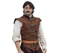 RAWBLADE Diego Jerkin medieval de cuero dividido para hombre, túnica de cuero y chaleco de armadura, disfraz de pirata renacentista, chaleco sin mangas para feria y cosplay