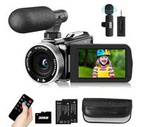Rawiemy Videocámara 4K 48MP 30FPS Vlogging Cámara para YouTube con micrófono Lavalier inalámbrico y micrófono externo cámaras de video para grabar con tarjeta SD de 32 GB y 2 baterías