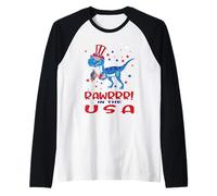 Rawrrr ! In The USA T Rex Dinosaur 4th of July America Flag Camiseta Manga Raglan