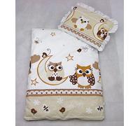 Rawstyle Juego de 4 fundas para cochecito de bebé, diseño de búhos, funda de edredón + cojín + relleno (búhos beige/marrón)