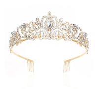 Raxfekro Corona para mujer, tiara de boda, corona de novia, corona de cristal, corona de diamantes de imitación, tiara de boda para bodas, bailes, desfiles, fiestas de princesas (Dorado)