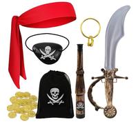 Raxfekro Disfraz de pirata para niños, conjunto de 7 piezas, disfraz unisex, adecuado para que los niños se metan en el papel de un pirata durante el carnaval