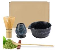 Raxfekro Juego de 5 Utensilios para Matcha - Batidor, Cuchara, Cuenco con Boquilla, Whisky, Set de Té de Cerámica (Negro con Azul)