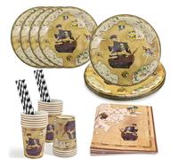 Raxfekro Juego de 64 platos de papel piratas, platos de papel para niños, decoración de cumpleaños infantil, incluye platos, servilletas, tazas, pajitas (para 16 invitados)