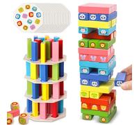 Raxfekro Torre apilable de madera, juguete educativo a partir de 3 años, juego de habilidad para niños y niñas de 3 a 9 años, con 54 bloques de construcción, 3 dados, 18 planes de juego