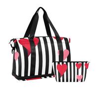 Raya simple línea arte corazón San Valentín rojo viaje bolso de despertador/noche Duffel con bolsa de inodoro para trekking gran capacidad, rayas simple línea arte corazón San Valentín rojo, 1 tamaño,
